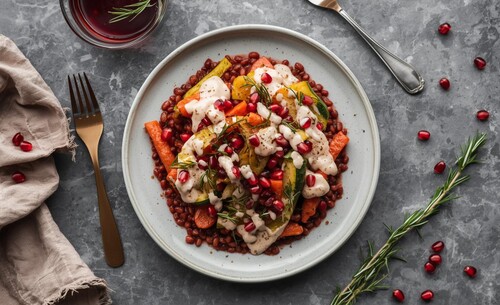 Červená čočka s pečenou zeleninou a smetanovým dipem